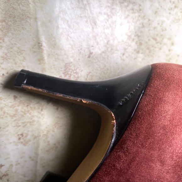 Burgundy Suede Pointed Toe Booties Black Patent Leather Tips Heels Office Casual - Picture 10 of 10